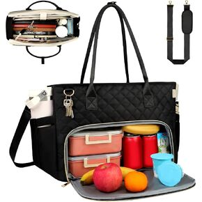 Lunch Tote Bag with 15.6 Inch Laptop Compartment& Water Bottle Pocket, Quilted Nylon Work Tote Bag with Large Insulated Lunch Compartment for Women Schoool Business Teacher Nurse (Black) in Saudi Arabia