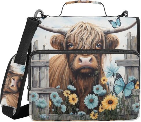 Highland Cows Daisy Wooden Vintage 3 Ring Zipper Binder with Handle 1.5 inch Binder Organizer, Multi Pockets Office File Folder with Shoulder Strap 500 Sheet Capacity in Saudi Arabia