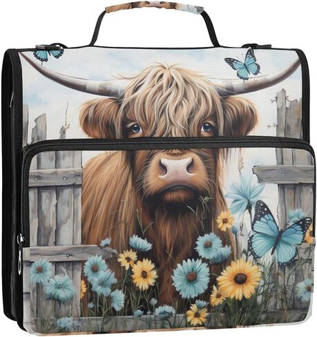 Highland Cows Daisy Wooden Vintage 3 Ring Zipper Binder with Handle 1.5 inch Binder Organizer, Multi Pockets Office File Folder with Shoulder Strap 500 Sheet Capacity in Saudi Arabia