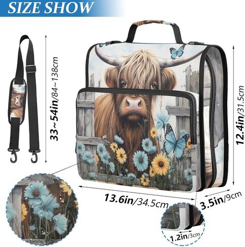 Highland Cows Daisy Wooden Vintage 3 Ring Zipper Binder with Handle 1.5 inch Binder Organizer, Multi Pockets Office File Folder with Shoulder Strap 500 Sheet Capacity in Saudi Arabia