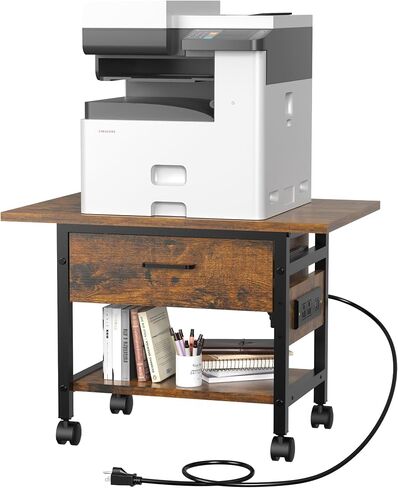 Aetheris 2-Tier Printer Stand With solid wood drawer, Under Desk Rolling Printer Stand with Charging Station, Printer Cart Holder with Lockable Wheels,Shelf for Small Spaces, Home Office, Rustic Brown in Saudi Arabia