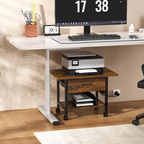 Aetheris 2-Tier Printer Stand With solid wood drawer, Under Desk Rolling Printer Stand with Charging Station, Printer Cart Holder with Lockable Wheels,Shelf for Small Spaces, Home Office, Rustic Brown in Saudi Arabia
