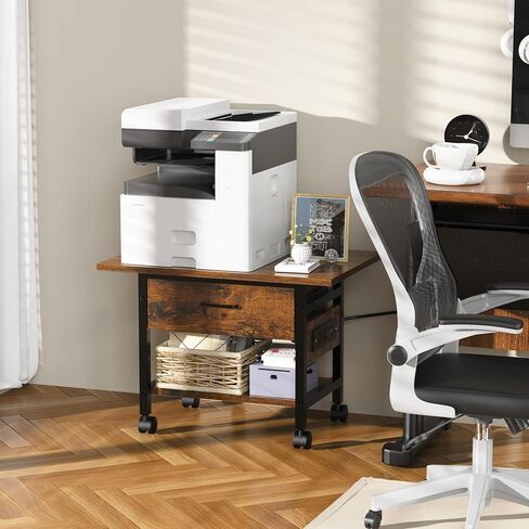 Aetheris 2-Tier Printer Stand With solid wood drawer, Under Desk Rolling Printer Stand with Charging Station, Printer Cart Holder with Lockable Wheels,Shelf for Small Spaces, Home Office, Rustic Brown in Saudi Arabia