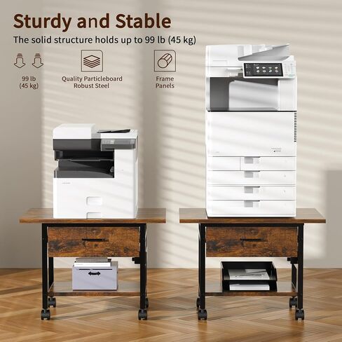 Aetheris 2-Tier Printer Stand With solid wood drawer, Under Desk Rolling Printer Stand with Charging Station, Printer Cart Holder with Lockable Wheels,Shelf for Small Spaces, Home Office, Rustic Brown in Saudi Arabia