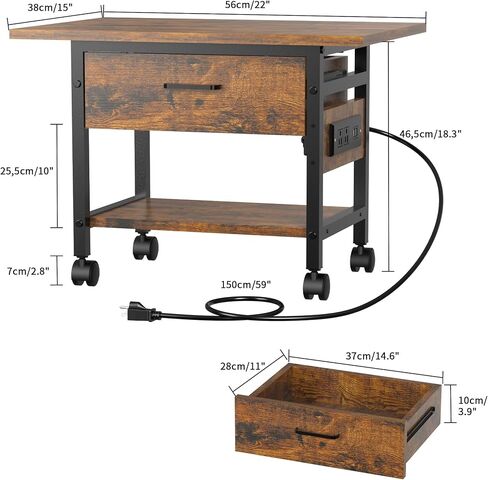 Aetheris 2-Tier Printer Stand With solid wood drawer, Under Desk Rolling Printer Stand with Charging Station, Printer Cart Holder with Lockable Wheels,Shelf for Small Spaces, Home Office, Rustic Brown in Saudi Arabia