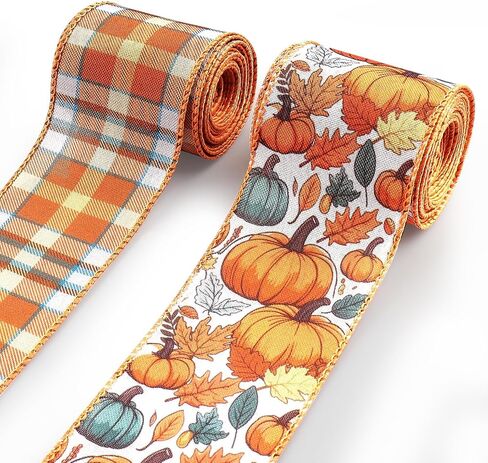 2 Rolls 2.5 Inch x 10 Yards Thanksgiving Fall Wired Ribbon for Craft Wreath Bow Making Pumpkin Autumn Leaves Ribbon Orange Plaid Burlap Ribbon for Wrapping Thanksgiving Party Home Decoration in Saudi Arabia