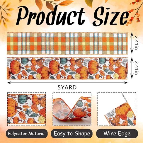 2 Rolls 2.5 Inch x 10 Yards Thanksgiving Fall Wired Ribbon for Craft Wreath Bow Making Pumpkin Autumn Leaves Ribbon Orange Plaid Burlap Ribbon for Wrapping Thanksgiving Party Home Decoration in Saudi Arabia