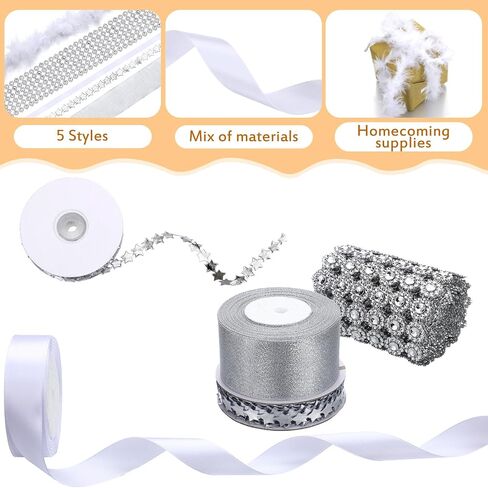 Giegxin 5 Rolls 54 Yard Homecoming Mum Ribbon Including Crystal Rhinestone Ribbon Polyester Star Trim Marabou Feather Boa White Satin Silver Organza for DIY Chrysanthemum Party Supplies in Saudi Arabia