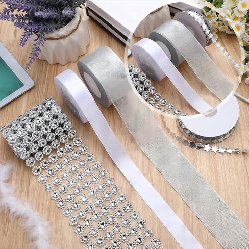 Giegxin 5 Rolls 54 Yard Homecoming Mum Ribbon Including Crystal Rhinestone Ribbon Polyester Star Trim Marabou Feather Boa White Satin Silver Organza for DIY Chrysanthemum Party Supplies in Saudi Arabia