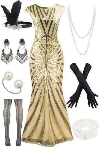 Women's V Neck Short Sleeve Sequin Bridesmaid Gown Evening Party Mermaid Formal Dress with 20s Accessories Costume in Kuwait