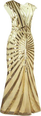 Women's V Neck Short Sleeve Sequin Bridesmaid Gown Evening Party Mermaid Formal Dress with 20s Accessories Costume in Kuwait