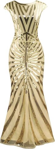 Women's V Neck Short Sleeve Sequin Bridesmaid Gown Evening Party Mermaid Formal Dress with 20s Accessories Costume in Kuwait