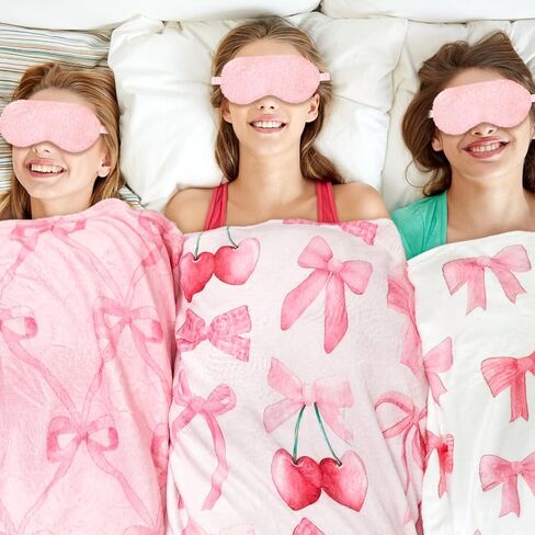 18 PCS Sleepover Party Supplies for Girls ، 6 Style Pink Bow Blanket 6 Coral Fleece Spa Beadband 6 Plush Pink Eye Mask Cover for Slumber Sleepover Party Gift (Cute) in Kuwait