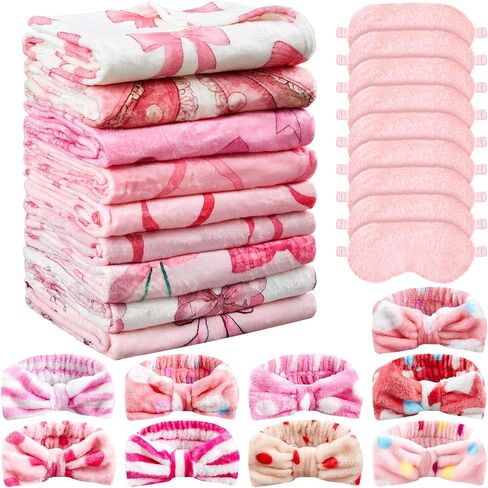 18 PCS Sleepover Party Supplies for Girls ، 6 Style Pink Bow Blanket 6 Coral Fleece Spa Beadband 6 Plush Pink Eye Mask Cover for Slumber Sleepover Party Gift (Cute) in Kuwait