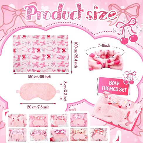 18 PCS Sleepover Party Supplies for Girls ، 6 Style Pink Bow Blanket 6 Coral Fleece Spa Beadband 6 Plush Pink Eye Mask Cover for Slumber Sleepover Party Gift (Cute) in Kuwait