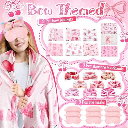 18 PCS Sleepover Party Supplies for Girls ، 6 Style Pink Bow Blanket 6 Coral Fleece Spa Beadband 6 Plush Pink Eye Mask Cover for Slumber Sleepover Party Gift (Cute) in Kuwait
