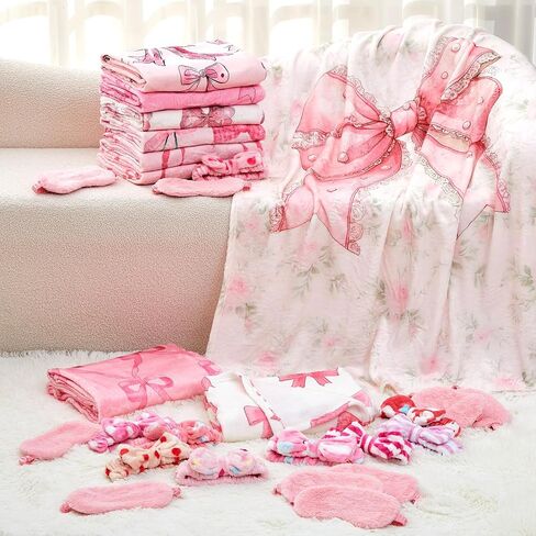 18 PCS Sleepover Party Supplies for Girls ، 6 Style Pink Bow Blanket 6 Coral Fleece Spa Beadband 6 Plush Pink Eye Mask Cover for Slumber Sleepover Party Gift (Cute) in Kuwait