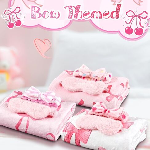 18 PCS Sleepover Party Supplies for Girls ، 6 Style Pink Bow Blanket 6 Coral Fleece Spa Beadband 6 Plush Pink Eye Mask Cover for Slumber Sleepover Party Gift (Cute) in Kuwait
