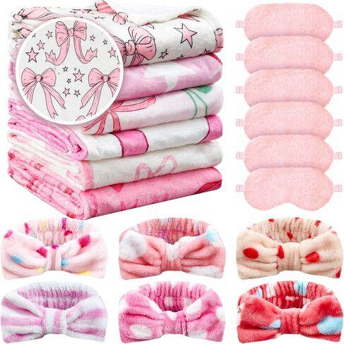 18 PCS Sleepover Party Supplies for Girls ، 6 Style Pink Bow Blanket 6 Coral Fleece Spa Beadband 6 Plush Pink Eye Mask Cover for Slumber Sleepover Party Gift (Cute) in Kuwait