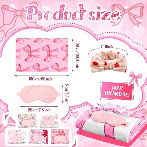 18 PCS Sleepover Party Supplies for Girls ، 6 Style Pink Bow Blanket 6 Coral Fleece Spa Beadband 6 Plush Pink Eye Mask Cover for Slumber Sleepover Party Gift (Cute) in Kuwait