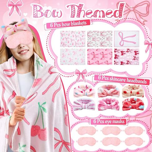 18 PCS Sleepover Party Supplies for Girls ، 6 Style Pink Bow Blanket 6 Coral Fleece Spa Beadband 6 Plush Pink Eye Mask Cover for Slumber Sleepover Party Gift (Cute) in Kuwait