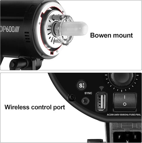 Godox DP600IIIV 600Ws GN106 Studio Flash Strobe Monolight مع حامل بوين، 5800K±200K، مصباح تشكيل 30W، مدة فلاش 1/2000-1/800S، وقت إعادة التدوير 0.1-1 ثانية، نظام لاسلكي Godox 2.4G مدمج in Saudi Arabia