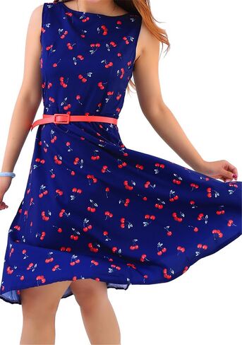 OMZIN Women's Audrey Hepburn Rockabilly Vintage Dress 1950s Retro Cocktail Swing Party Dress with Belt in Kuwait