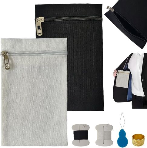 2pcs جيب جانبي خياطة مع معطف سحاب داخل الجيب الخياطة ، سترة سفر مع جيوب خفية ، جيب الأمن للقميص ، سترة ، أردية ، هودي ، سترة (S*2) (أبيض وأسود) in Kuwait