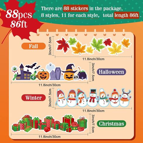 88 Pcs Seasonal Bulletin Board Borders Stickers 86 ft Fall Halloween Winter Bulletin Board Trim Border Decor Seasonal Border Stickers for Blackboard Decor in Saudi Arabia