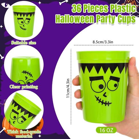 36Pcs Halloween Plastic Cups Funny Cartoon Expression Reusable Cups Halloween Party Drinkware Supplies for Halloween Birthday Holiday, 16 Oz in Saudi Arabia
