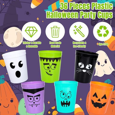 36Pcs Halloween Plastic Cups Funny Cartoon Expression Reusable Cups Halloween Party Drinkware Supplies for Halloween Birthday Holiday, 16 Oz in Saudi Arabia