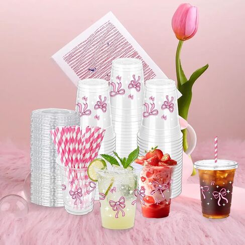 50 PCS الفراولة البلاستيك أكواب بلاستيكية مع أغطية وقش ، و 12 أونصة الفراولة يمكن التخلص منها أكواب وردي in Saudi Arabia