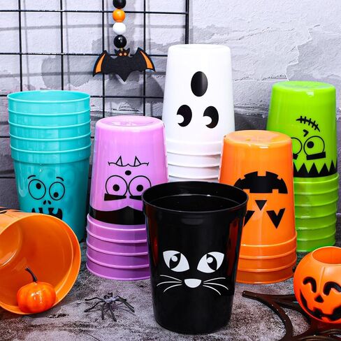 36Pcs Halloween Plastic Cups Funny Cartoon Expression Reusable Cups Halloween Party Drinkware Supplies for Halloween Birthday Holiday, 16 Oz in Saudi Arabia