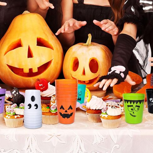 36Pcs Halloween Plastic Cups Funny Cartoon Expression Reusable Cups Halloween Party Drinkware Supplies for Halloween Birthday Holiday, 16 Oz in Saudi Arabia