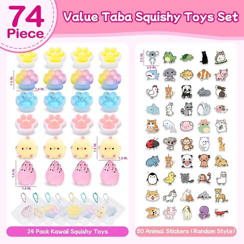 74pcs Taba Squishy Toys Kit -24 Taba Squishies with 50 Stickers, Squishy Fidget Toys Party Favors , Sensory Toys Stress Relief,Treasure Box Toys for Classroom, Goodie Bags Pinata Stuffers for Kids in Saudi Arabia