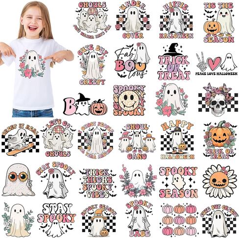 30 Sheets Halloween Dtf Transfers Ready to Press Iron on Transfers for T Shirts Iron on Patches Decals Retro Ghost Heat Transfer Vinyl Spooky Pumpkin Sticker for Clothes Bag Pillow Cover DIY in Saudi Arabia