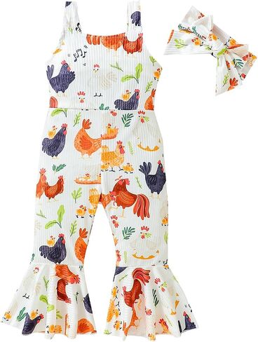 Toddler Baby Girl Farm Outfit Floral Chickens Jumpsuit Bell Bottoms Romper Flare Pants Overalls Summer Clothes in Saudi Arabia