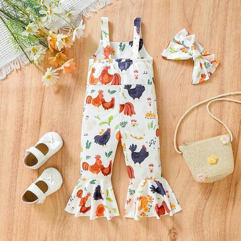 Toddler Baby Girl Farm Outfit Floral Chickens Jumpsuit Bell Bottoms Romper Flare Pants Overalls Summer Clothes in Saudi Arabia
