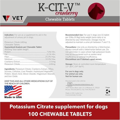 K-CIT-V Cranberry Chewable Potassium Citrate For Dogs, 100 Tablets in Saudi Arabia