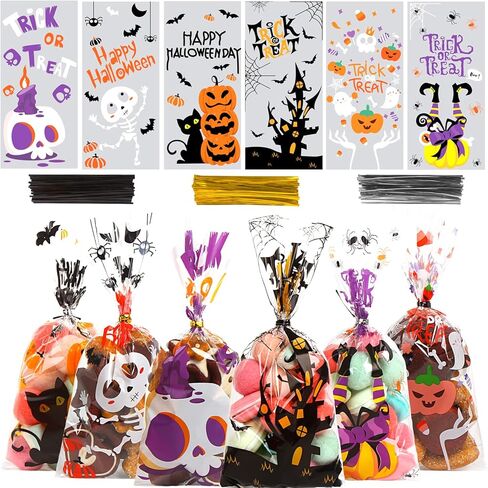 DIYASY 180 Pack Halloween Cellophane Treat Bags, Plastic Goodie Candy Bag for Kids Clear Goody Snack Bags Bulk Party Favors with 210 Twist Ties in Saudi Arabia