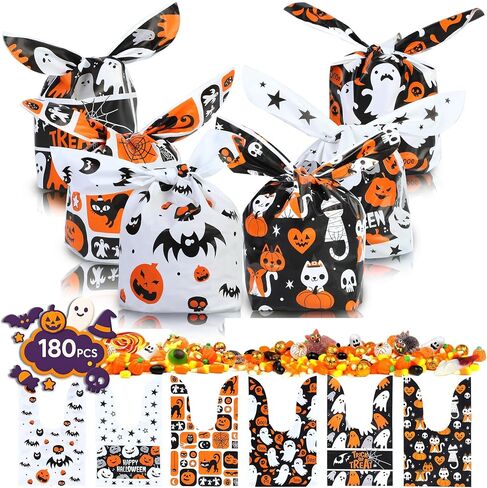 YIHCE Halloween Candy Bags 180 PCS, Cute Rabbit Ear Halloween Treat Bag Bulk, 6 Styles Small Plastic Goodie Bags for Trick or Treat, Pumpkin & Ghost Elements, Party Favor for Party Supplies in Saudi Arabia