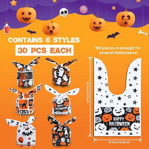 YIHCE Halloween Candy Bags 180 PCS, Cute Rabbit Ear Halloween Treat Bag Bulk, 6 Styles Small Plastic Goodie Bags for Trick or Treat, Pumpkin & Ghost Elements, Party Favor for Party Supplies in Saudi Arabia