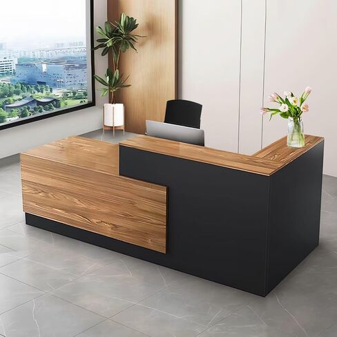 Modern Reception Desk Front Desk Reception Counter Receptionist Room Tables Checkout Lockable Drawers Storage Cabinet for Salon Office Hotel Black Wood Right 79inch/200cm in Saudi Arabia