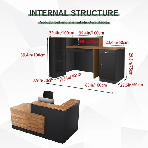 Modern Reception Desk Front Desk Reception Counter Receptionist Room Tables Checkout Lockable Drawers Storage Cabinet for Salon Office Hotel Black Wood Right 79inch/200cm in Saudi Arabia