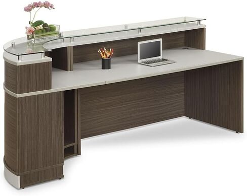 NBF Modern Reception Desk Counter Office Lobby Salon Retail Checkout Desk Curved 96" W x 31" D Driftwood Laminate in Saudi Arabia