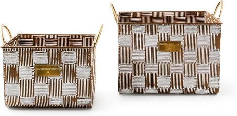MACKENZIE-CHILDS Set of 2 Textured Check Baskets, Metal Baskets for Decor, Brown-and-White Mocha Check in Saudi Arabia