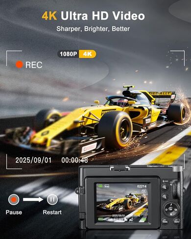 4K Digital Camera, Camkory AutoFocus Point and Shoot Digital Camera with 32GB Card, 16X Zoom, Flash Compact 48MP Cameras for Photogrpahy Small Travel Camera for Teens Adults Beginners, Black in Kuwait