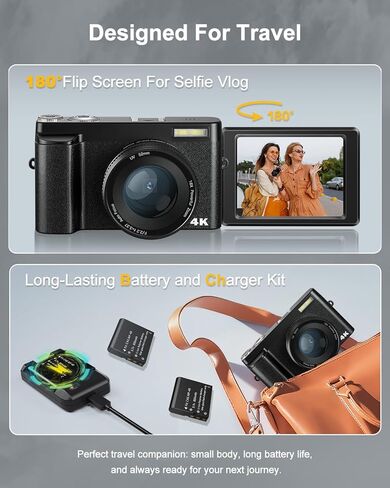 4K Digital Camera, Camkory AutoFocus Point and Shoot Digital Camera with 32GB Card, 16X Zoom, Flash Compact 48MP Cameras for Photogrpahy Small Travel Camera for Teens Adults Beginners, Black in Kuwait