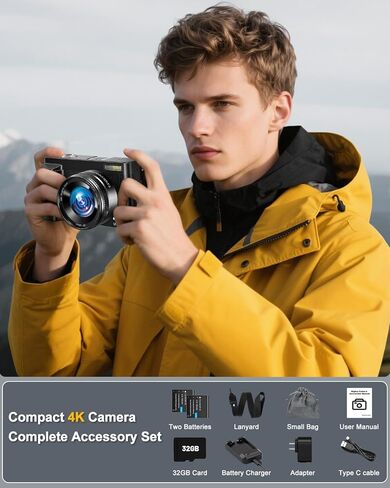 4K Digital Camera, Camkory AutoFocus Point and Shoot Digital Camera with 32GB Card, 16X Zoom, Flash Compact 48MP Cameras for Photogrpahy Small Travel Camera for Teens Adults Beginners, Black in Kuwait