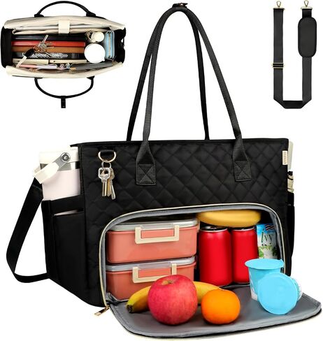 Lunch Tote Bag with 15.6 Inch Laptop Compartment& Water Bottle Pocket, Quilted Nylon Work Tote Bag with Large Insulated Lunch Compartment for Women Schoool Business Teacher Nurse (Black) in Saudi Arabia